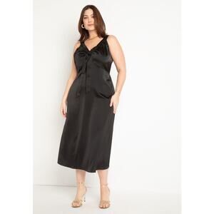 ELOQUII Black Satin Midi Dress 24 Ruched Tie Neck Sleeveless Cocktail Formal NWT